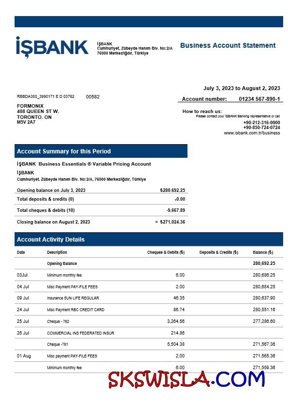Wyciąg z konta czekowego işbank, szablon Word i PDF